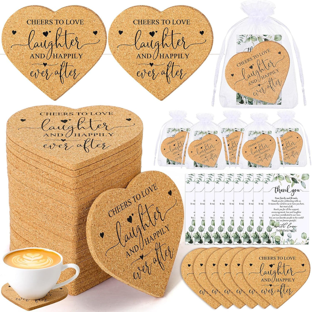 Uiifan 100 Set Wedding Favors for Guest Coaster Gifts Bulk Heart Shaped Coasters Thank You Cards