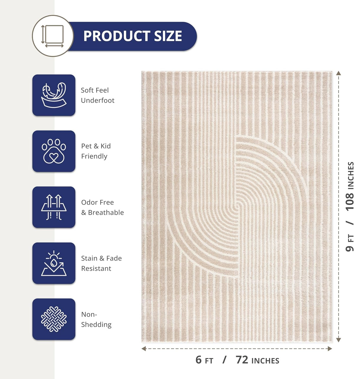 Abani Area Rug for Living Room -Nuevo 6' x 9' Beige Arch Pattern Area Rug, Soft and Durable Living