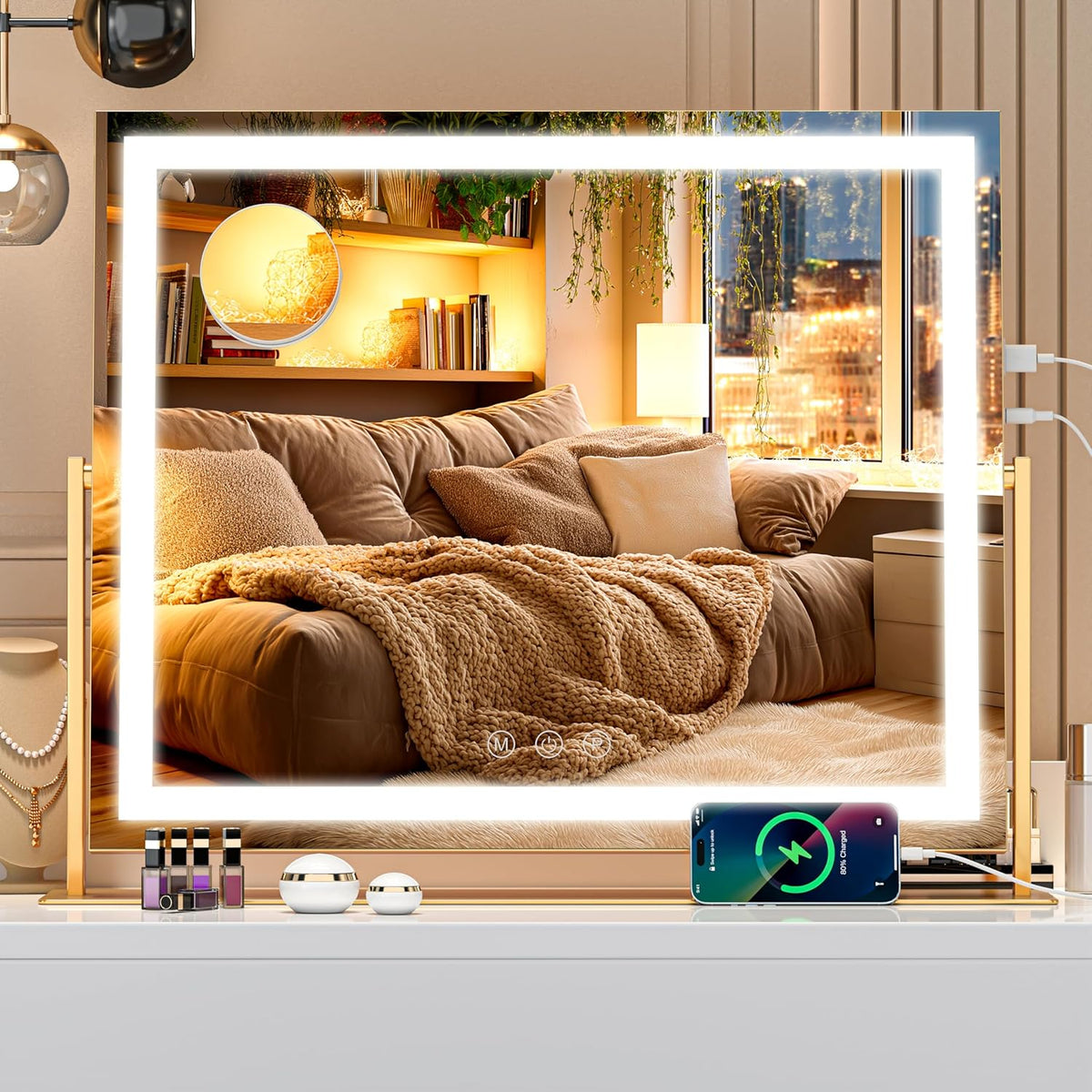 Vanity Mirror with Lights, 24'' x 20'' Lighted Makeup Mirror, Touch Screen with 3-Color Lighting