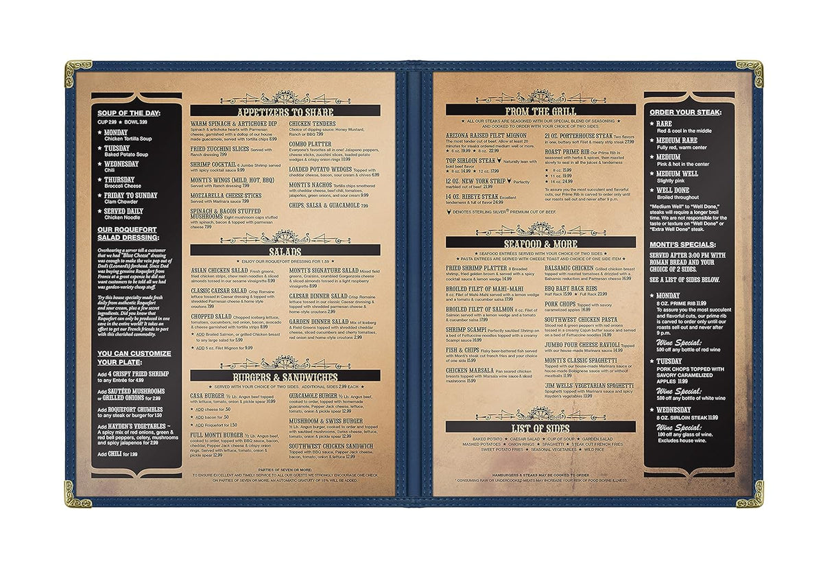 Goodsmart Restaurant Menu Covers - 25 Pack Blue 8.5" x 11", 2-Page/4-View, Side-Loading Vinyl Menu
