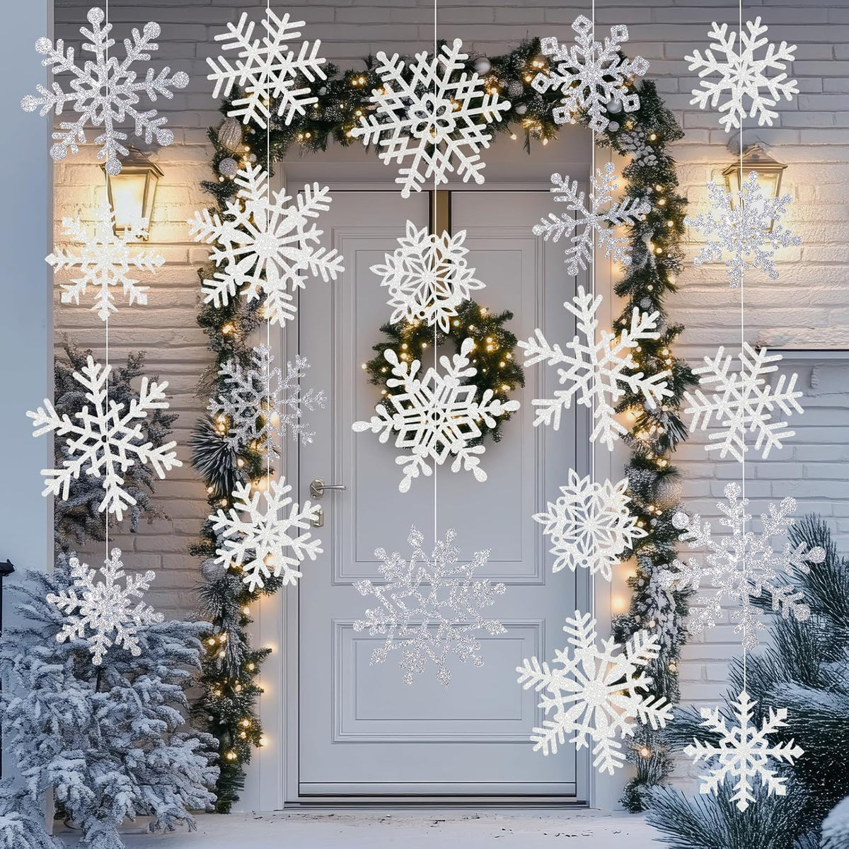Winter Snowflake Cutouts - Glitter Paper Snowflake Decorations - 50Pcs White & Silver Double-Side