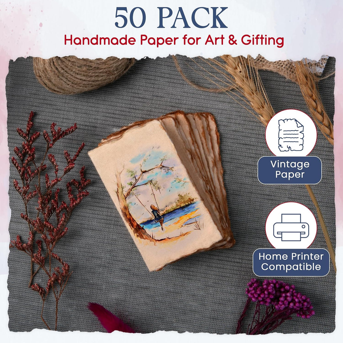 Wanderings Vintage Handmade Deckle Edge Folded Paper ??Folded to 3.5"x2" ??150 GSM - 50-Pack