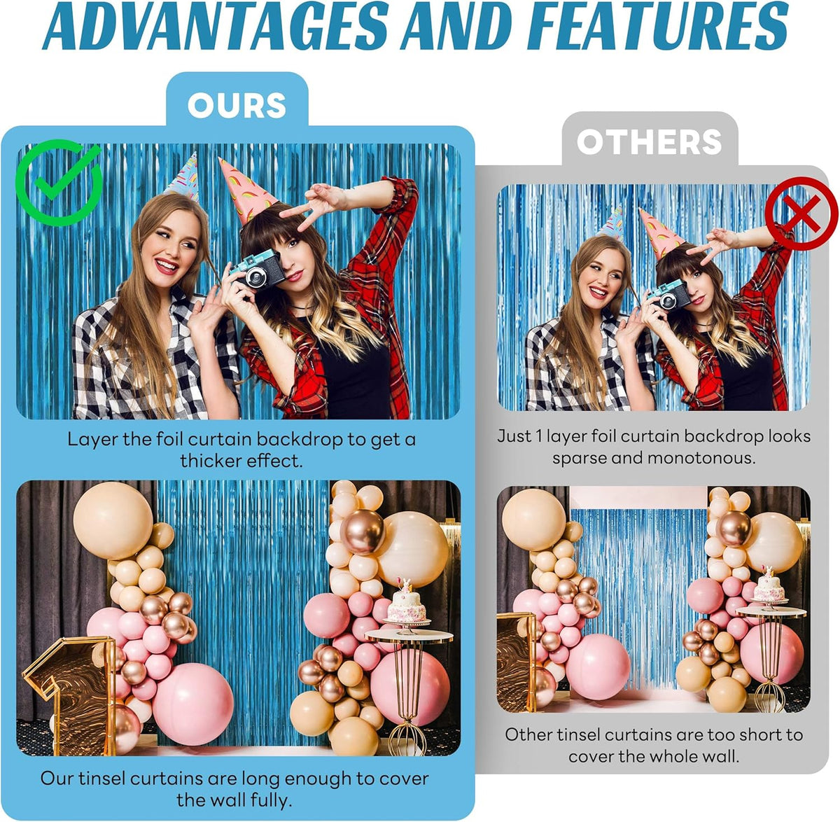 BTSD-home 10 Pack Aquamarine Foil Fringe Curtain Metallic Streamer Party Decorations Photo Booth
