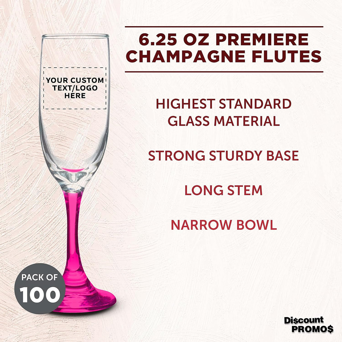 DISCOUNT PROMOS Custom Premiere Champagne Flutes 6.25 oz. Set of 100, Personalized Bulk Pack