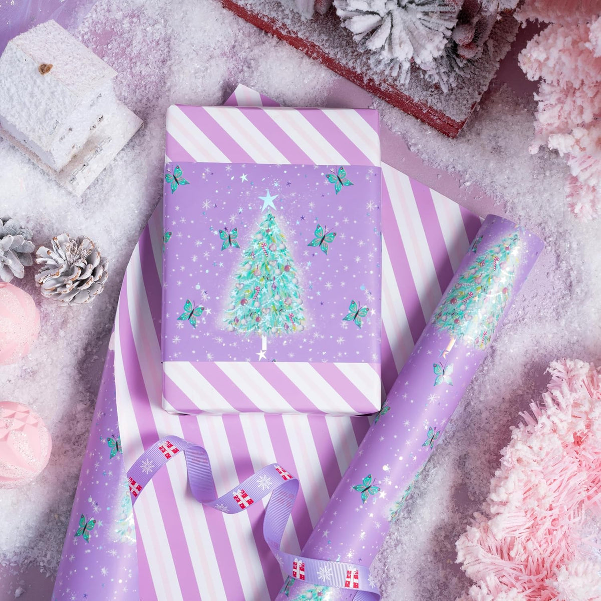 LeZakaa Christmas Purple Wrapping Paper Mini Roll, Christmas Tree Butterfly, Pink Purple Stripe
