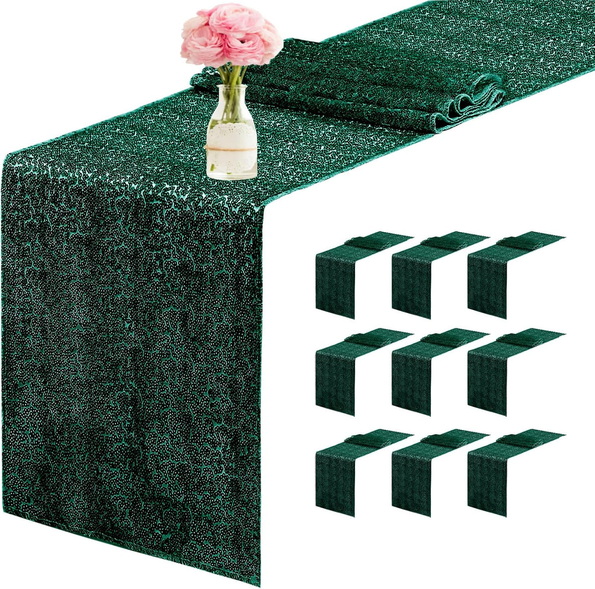 10 Packs 12 x 72 inches Sequin Table Runner, Hunter Green Glitter Table Runner for Birthday Party