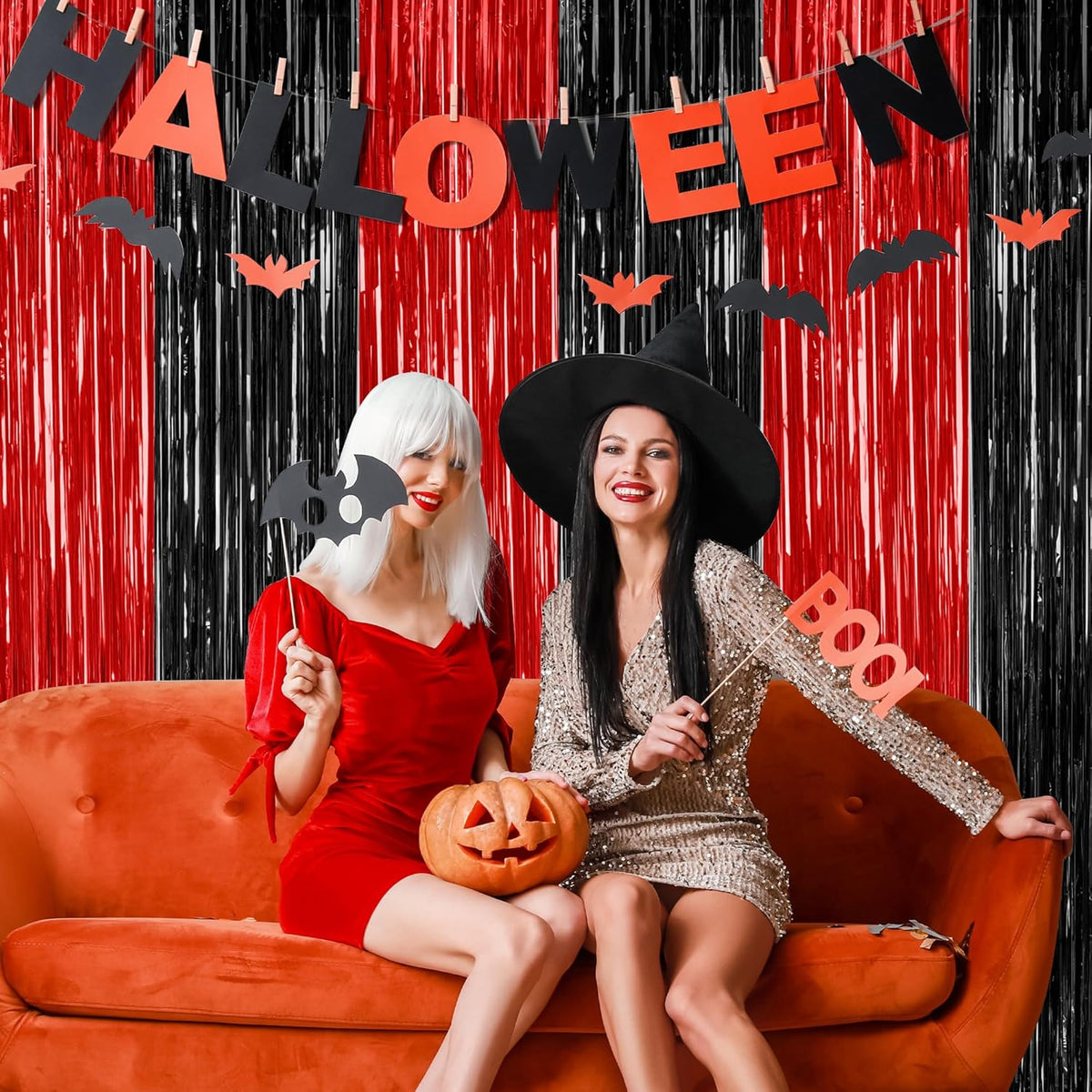 8 Pack Halloween Party Supplies, 3.28 FT x 7.05 FT Red and Black Foil Streamer, Metallic Fringe