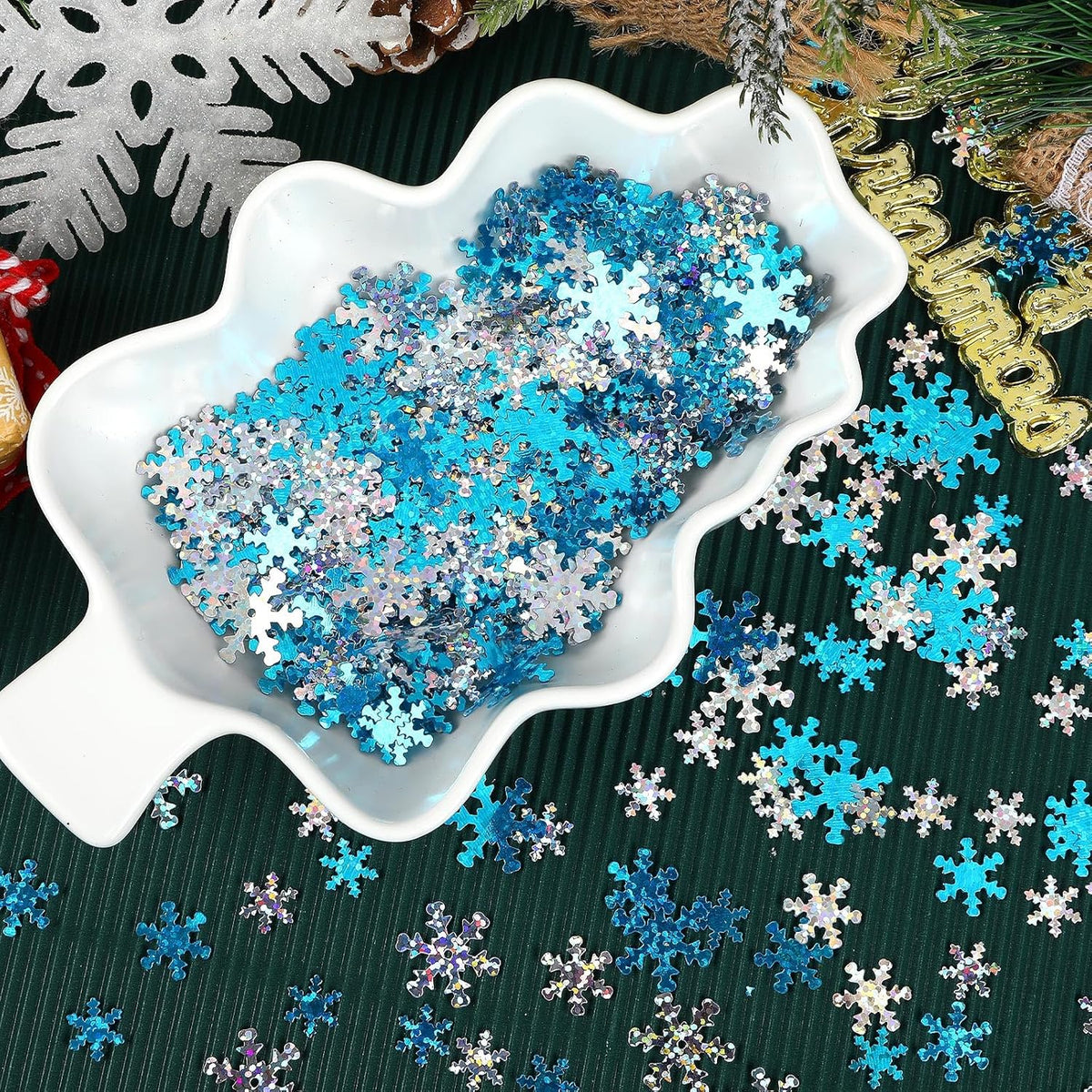 MARFOREVER Winter Snowflake Confetti Decorations, White Blue Glitter Confetti Snow Scatter Sequins