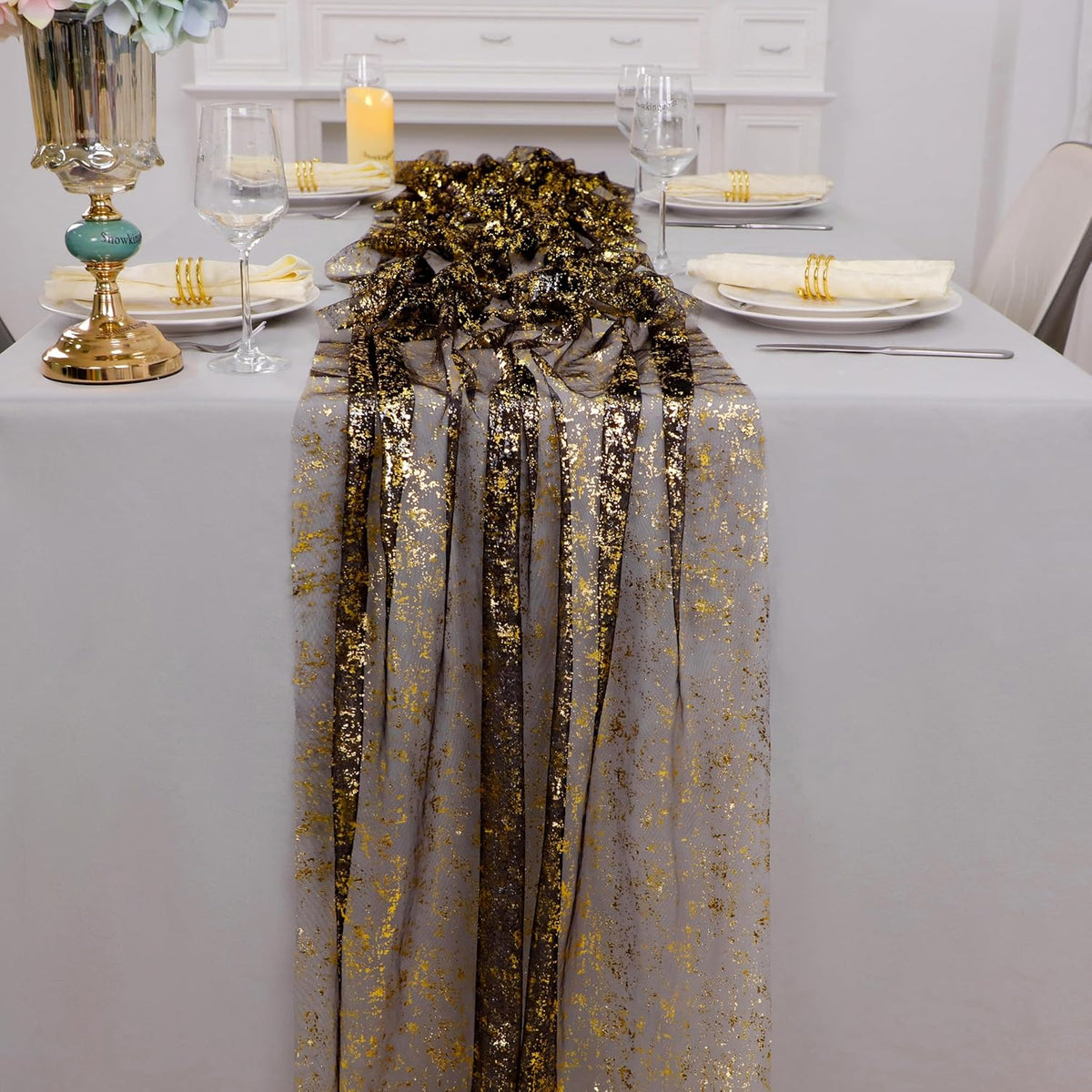 Snowkingdom 10 Pcs Black & Gold Cheesecloth Table Runner 10 FT, Sheer Chiffon Sparkle Gauze Mesh