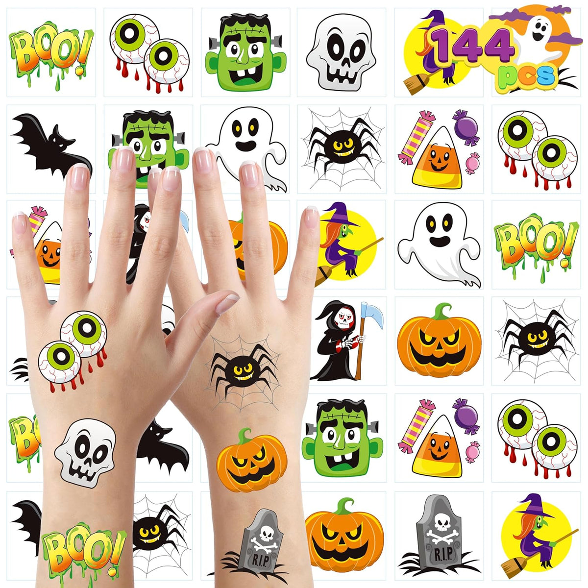 JOYIN 144 PCS Halloween Temporary Tattoos for Kids, 12 Designs Bulk Fake Tattoos Stickers for
