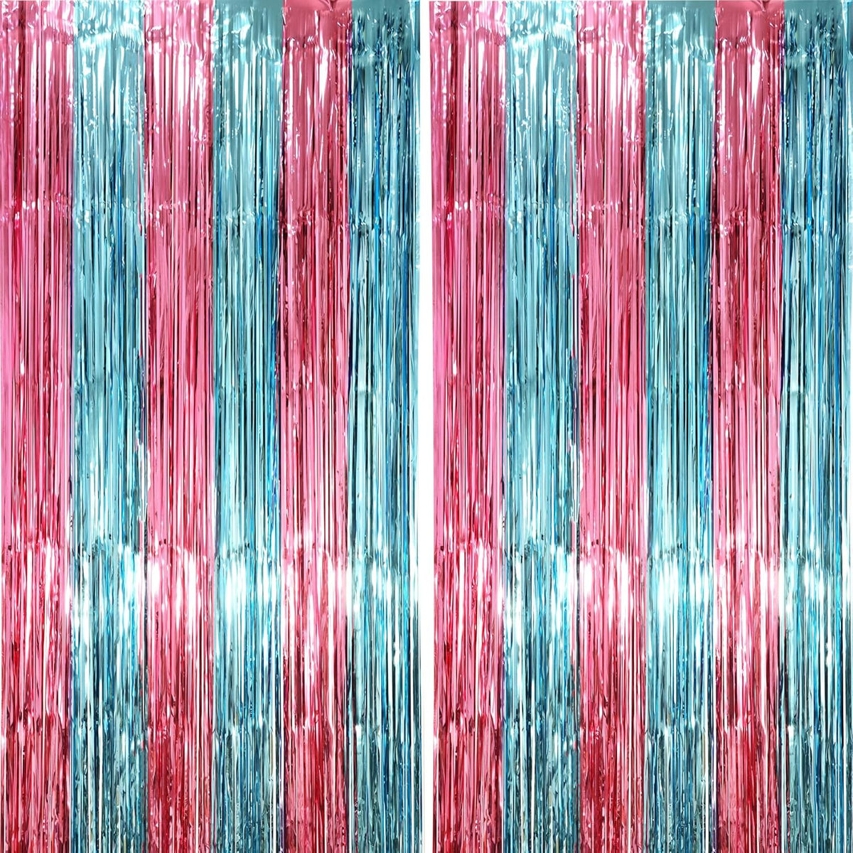 2 Pack Blue and Pink Foil Fringe Backdrop Curtains, Tinsel Streamers Mermaid Party Decorations