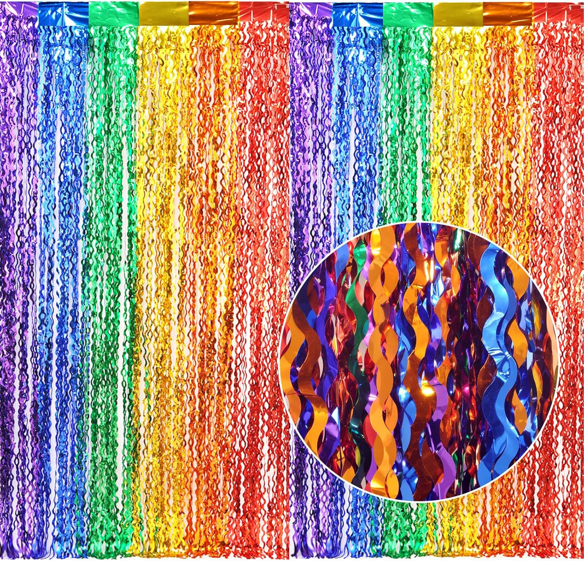 3 Pack Rainbow Foil Curtains - 3.3x6.6ft Metallic Streamers Tinsel Curtains Background for Photo