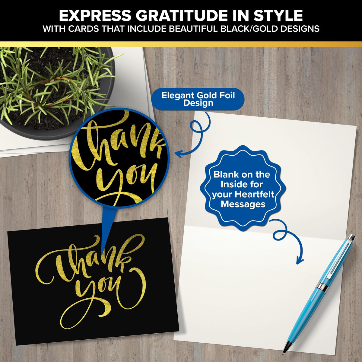 Decorably 24 Pack Gold Foil 6x4in Black Thank You Cards with Envelopes