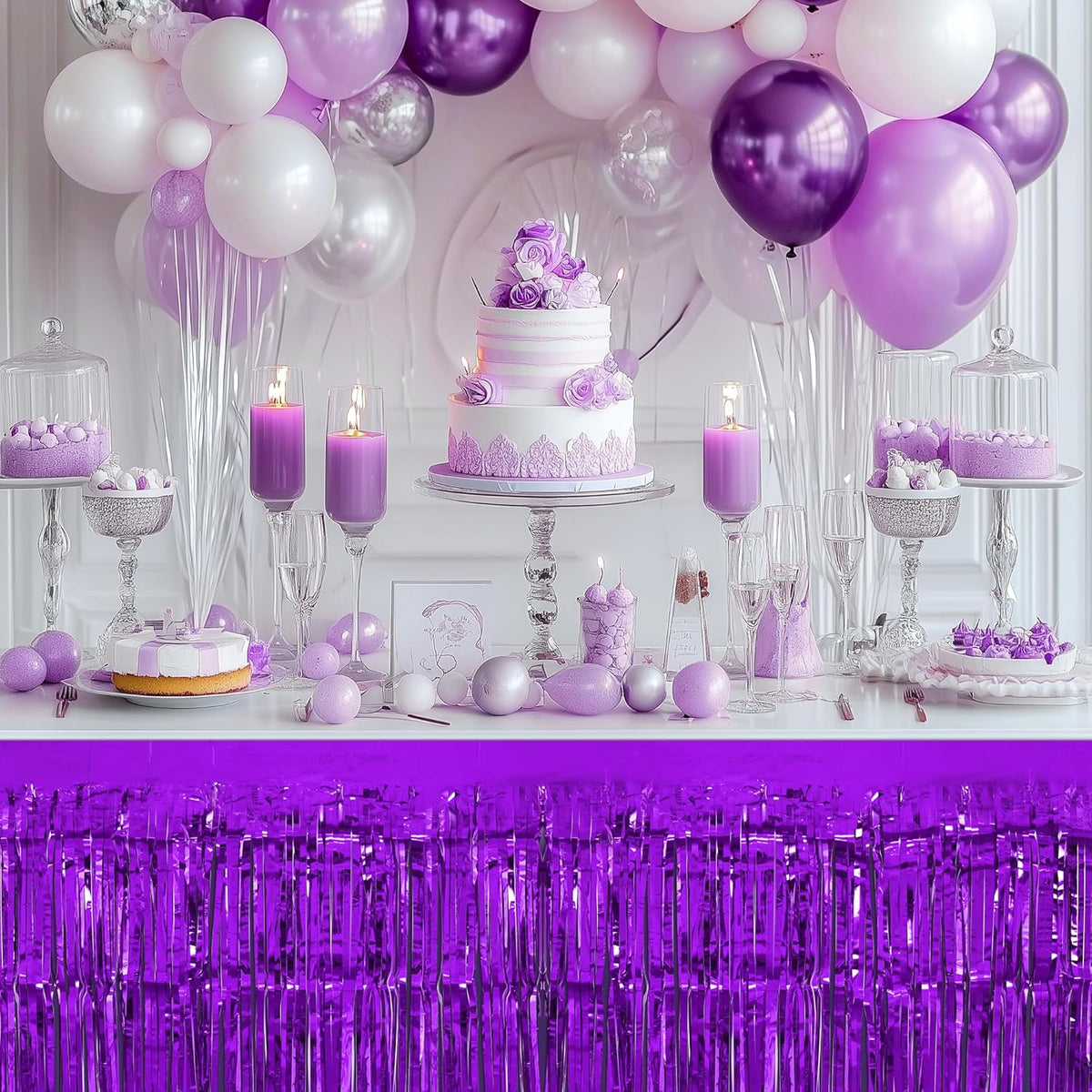 2 Pack Dark Purple Orange Table Skirts, 29x108" Metallic Foil Tinsel Fringe Table Skirt for