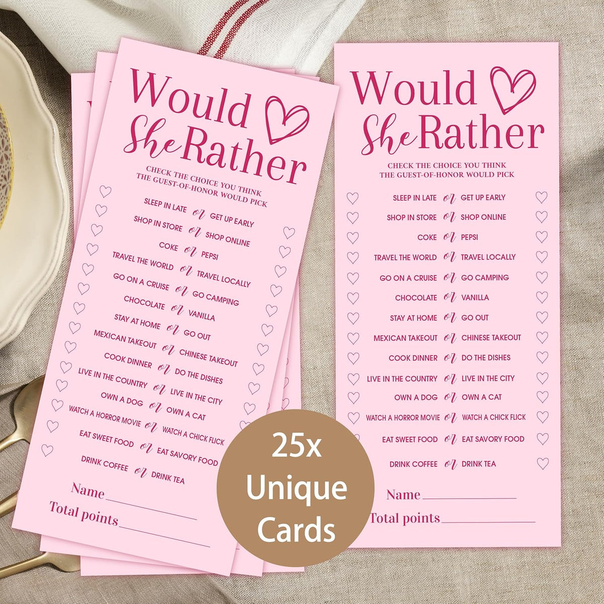 4x9 Inch Wedding Shower Games Cards, Would She Rather, Pink Bridal Shower Games for 25 Guests