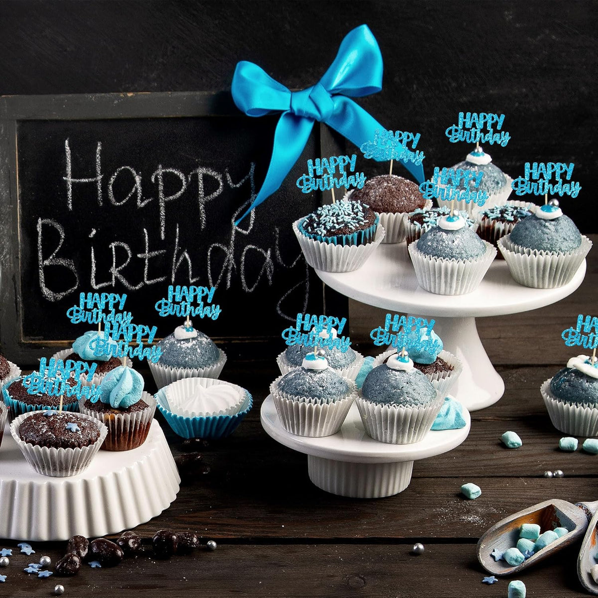 Gyufise Happy Birthday Cupcake Toppers Blue Glitter Birthday Cake Topper Picks Dessert Topper
