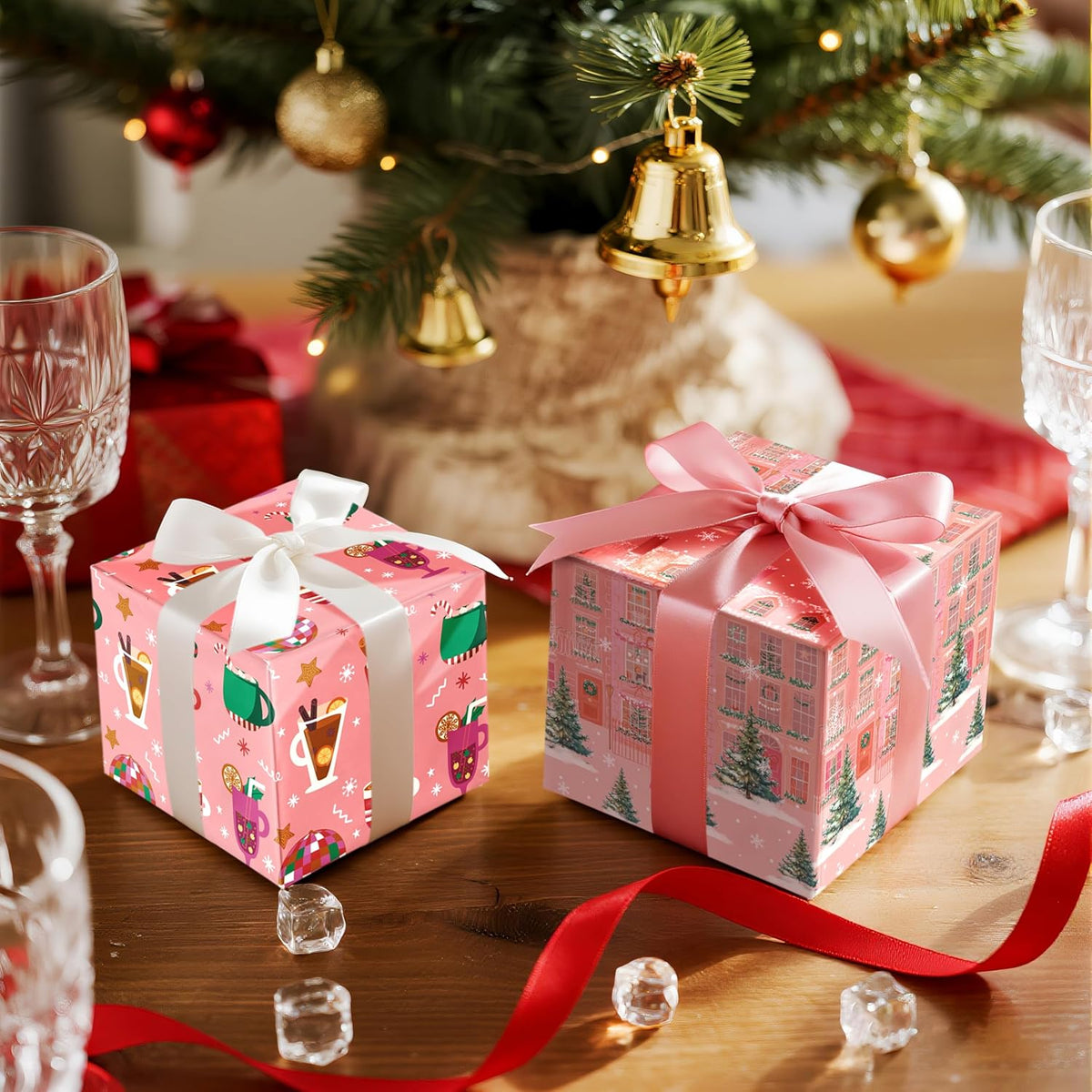 LeZakaa Pink Christmas Wrapping Paper Roll for Girls Kids, Winter Street Scene Romantic Townhouse