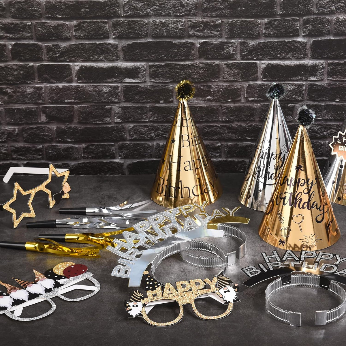 36 Pcs Black Golden Birthday Party Hats Set Includes 6 Party Cone Hats 6 Birthday Headband 12 Paper