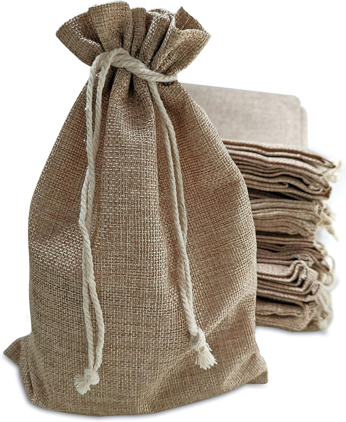 50 Burlap Bags with Drawstring, 7x10 Inch Rustic Gift Bag Bulk Pack for Mugs, Mason Jars