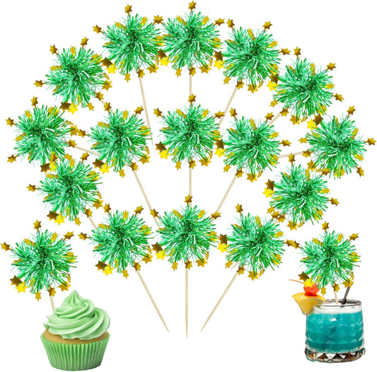 Ephlyn 30Pcs Foil Firework Cupcake Toppers Happy Birthday Cake Toppers Tinsel Flower Drink Stirrers
