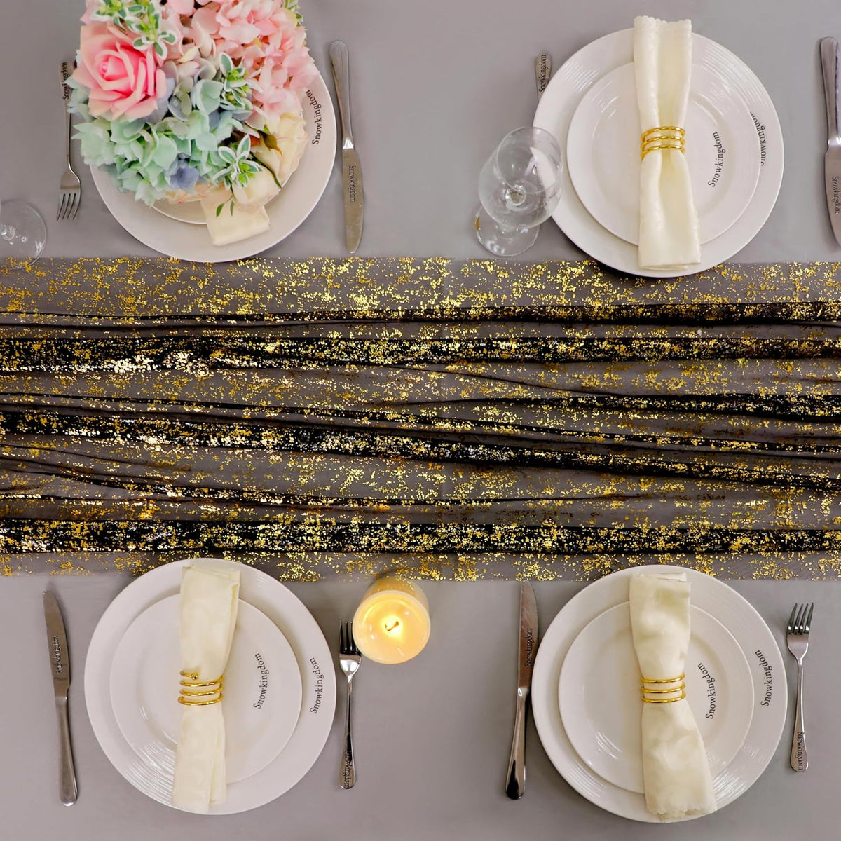 Snowkingdom Black and Gold Cheesecloth Table Runner 10 FT, Sheer Chiffon Sparkle Gauze Mesh Runners