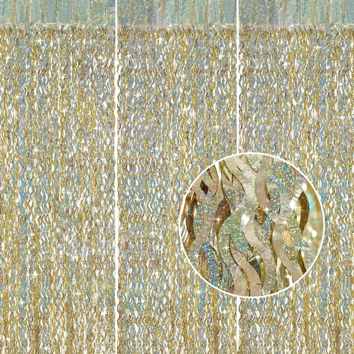 Champagne Gold Foil Fringe Backdrop - CYLMFC 3 Pack 3.3 ft x 6.6 ft Sparkle Tinsel Foil Fringe