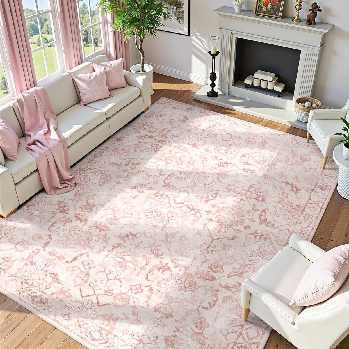 Pink Area Rugs 8x10 Rugs for Living Room, Traditional Washable Rugs for Bedroom Distressed Large