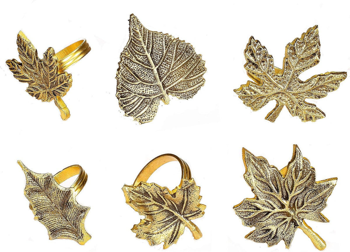 6-Piece Metal Napkin Rings - Antique Gold Harvest Leaf Napkin Rings - Decorative Table Accents for