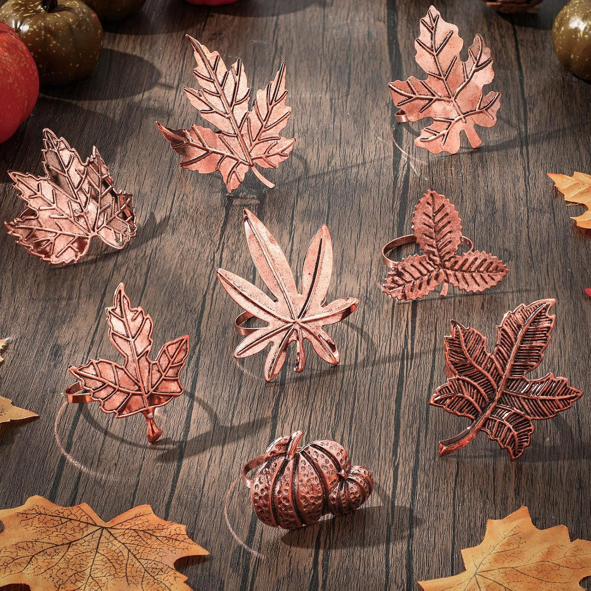 Remerry 8 Pcs Thanksgiving Napkin Ring Harvest Fall Leaf Pumpkin Holders Retro Alloy Metal Napkin