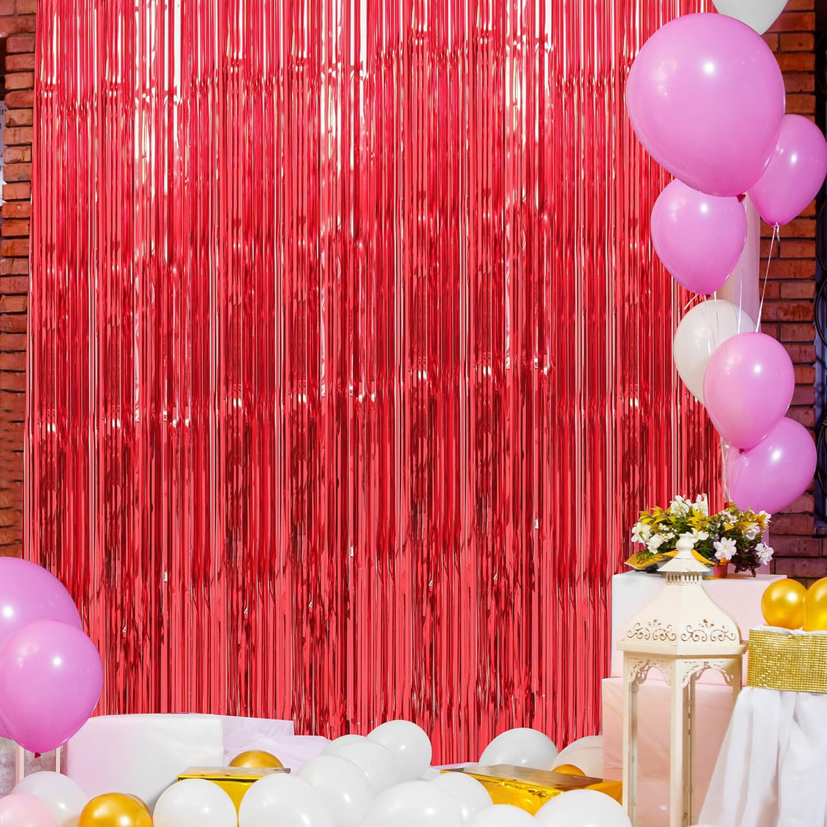 Crosize 3 Pack 3.3 x 9.9 ft Red Foil Fringe Curtains Party Decorations, Red Tinsel Curtain Backdrop