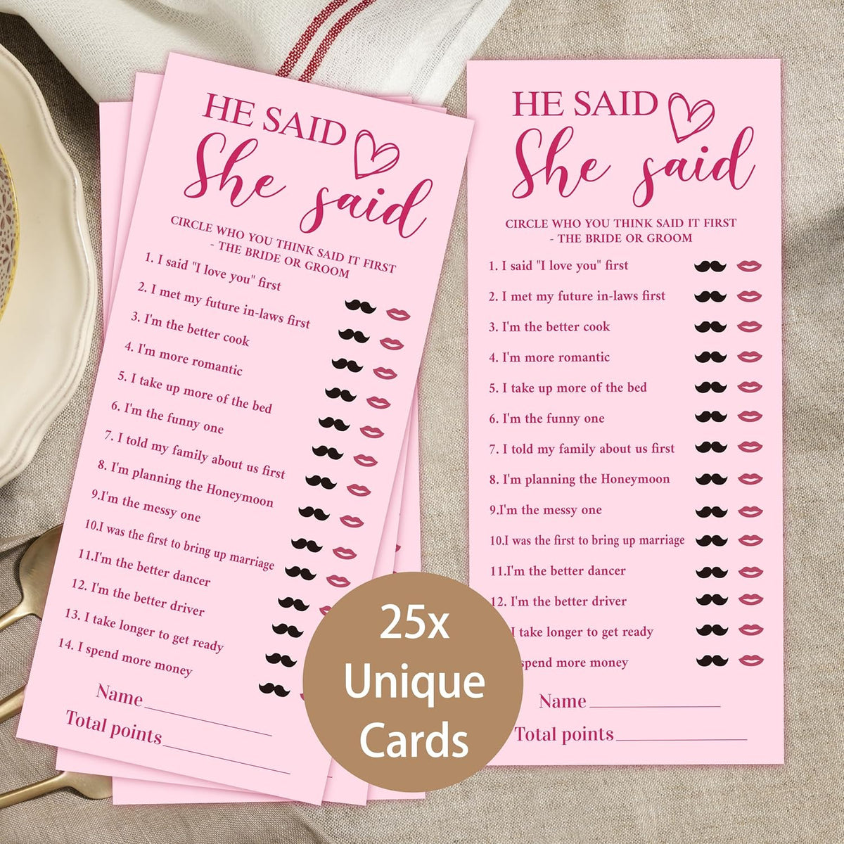 4x9 Inch Bridal Shower Party Games, He Said She Said, Pink Wedding Shower Games Cards for 25