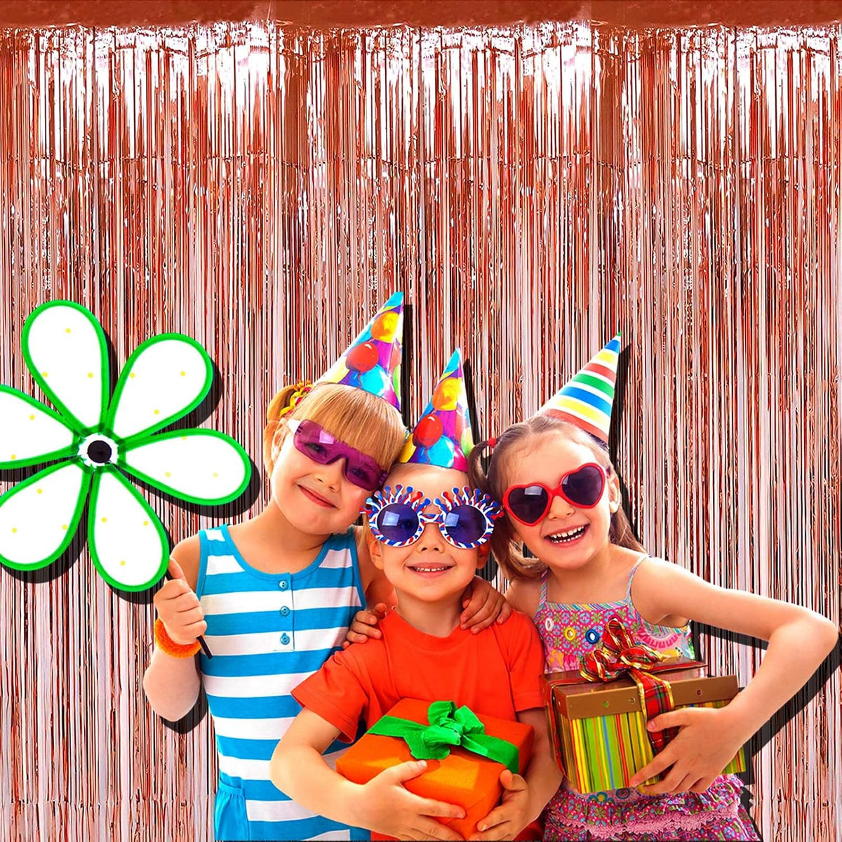 4 Pack Rose Gold Foil Fringe Curtain Backdrop, 3.28Ft x 9.84Ft Metallic Tinsel Foil Fringe