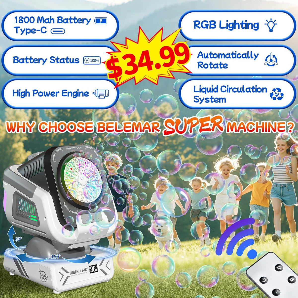2025 Upgraded Bubble Machine with Remote Control, Automatic Rotation & RGB Lights, 1800mAh