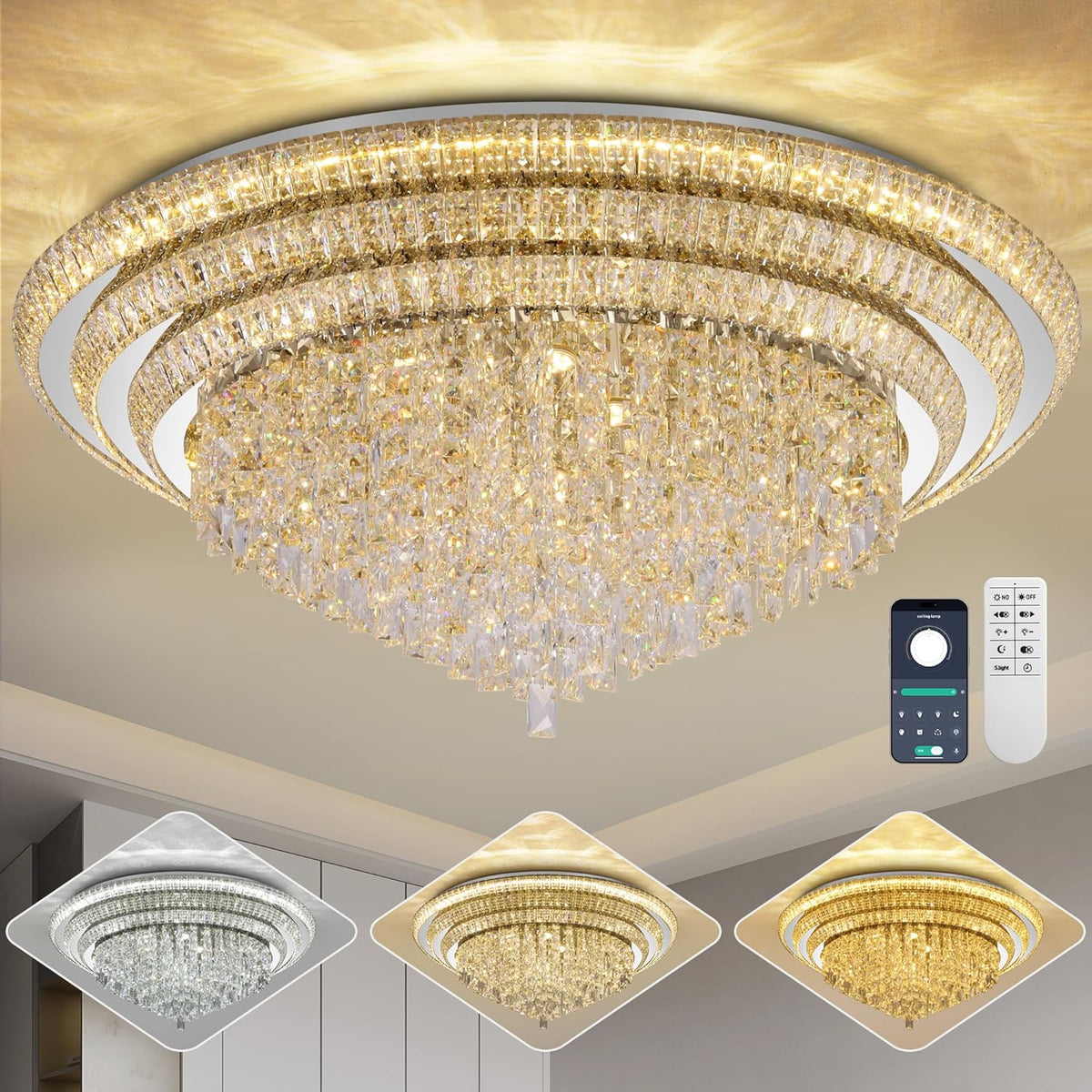 40 inch Crystal Silver Ceiling-Light Flush Mount with Remote Control and APP, 3CCT Dimmable &