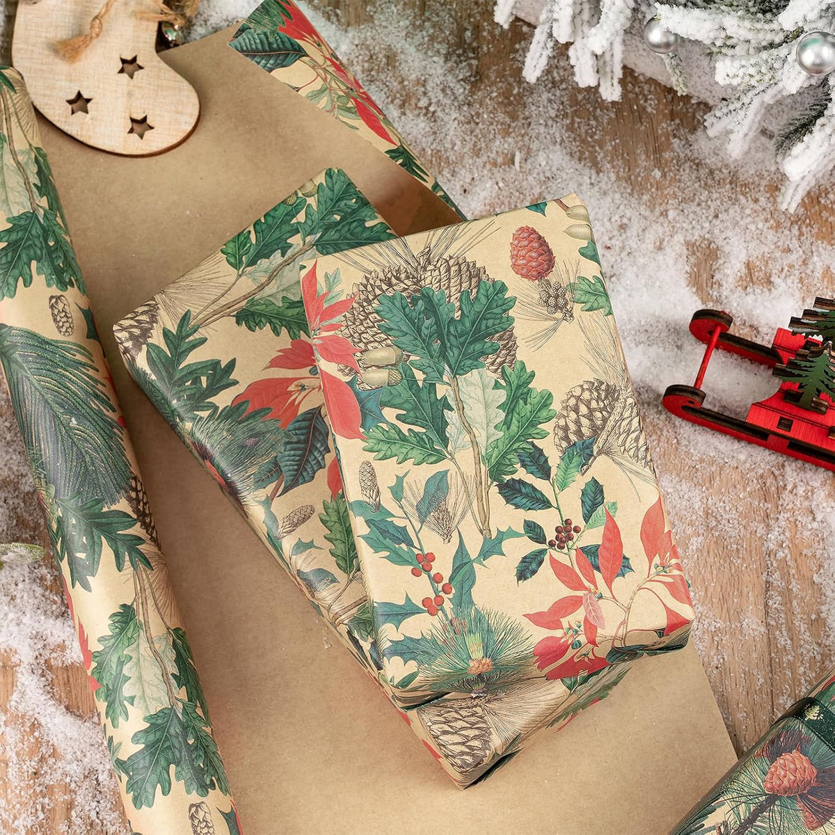 RUSPEPA Kraft Christmas Wrapping Paper Roll, Mini Roll, Watercolor Winter Botanical Design with