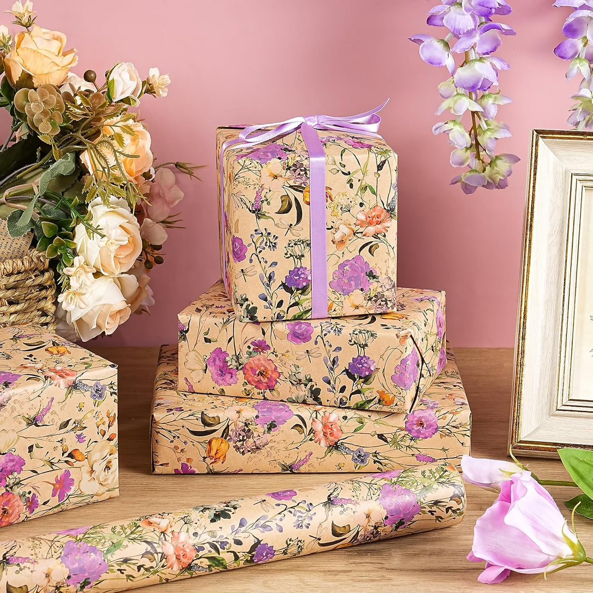 WRAPAHOLIC Kraft Floral Wrapping Paper Roll - Mini Roll - 17 Inch x 16.5 Feet - Garden Wildflower