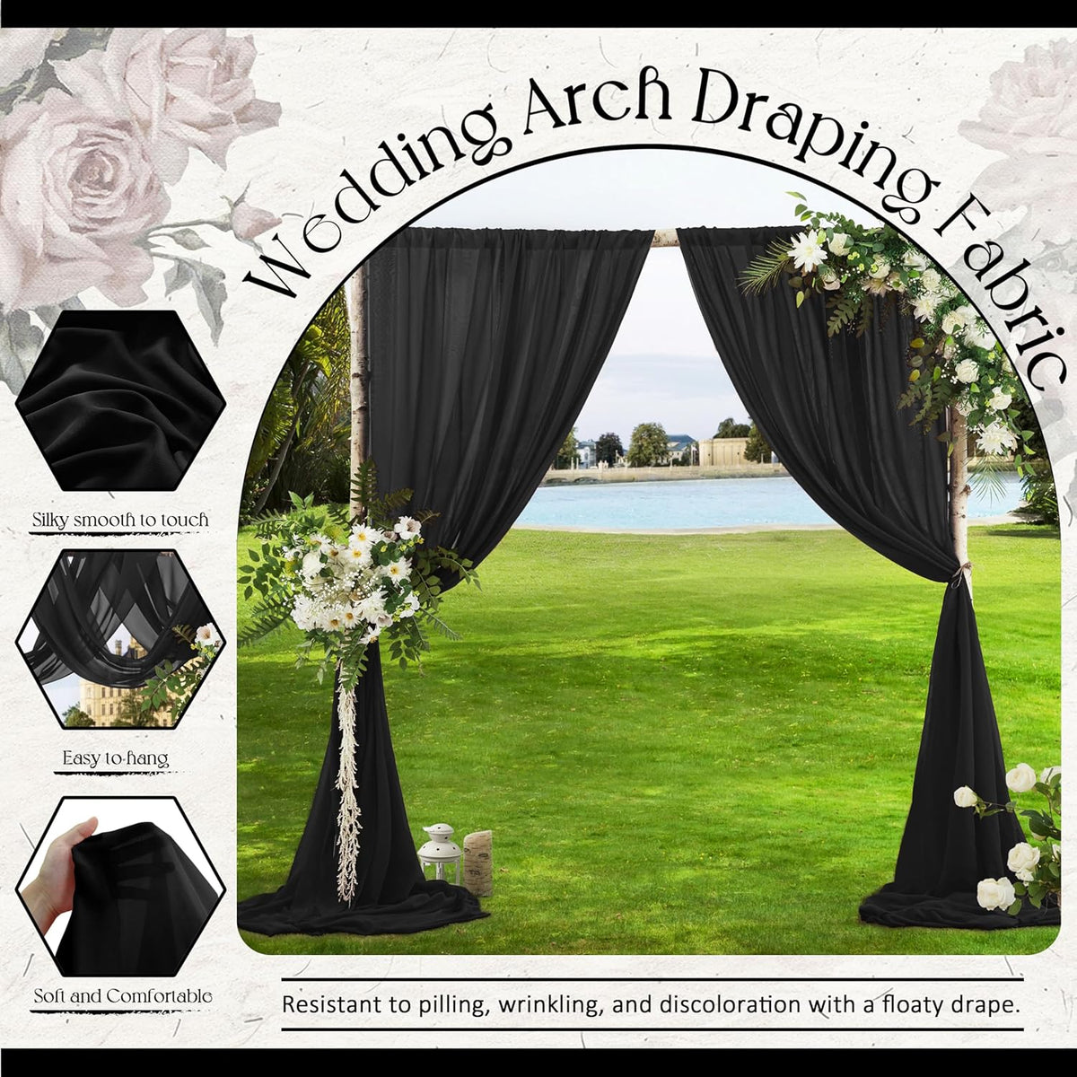 VACVELT Wedding Arch Draping Fabric - Black Chiffon, 2 Panels Sheer Drapes, 30 Inch x 20ft Backdrop