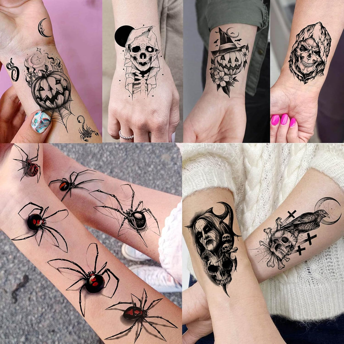 61 Sheets Halloween Temporary Tattoos for Men Women Adults, 12 Sheets Skeleton Death Skull Demon