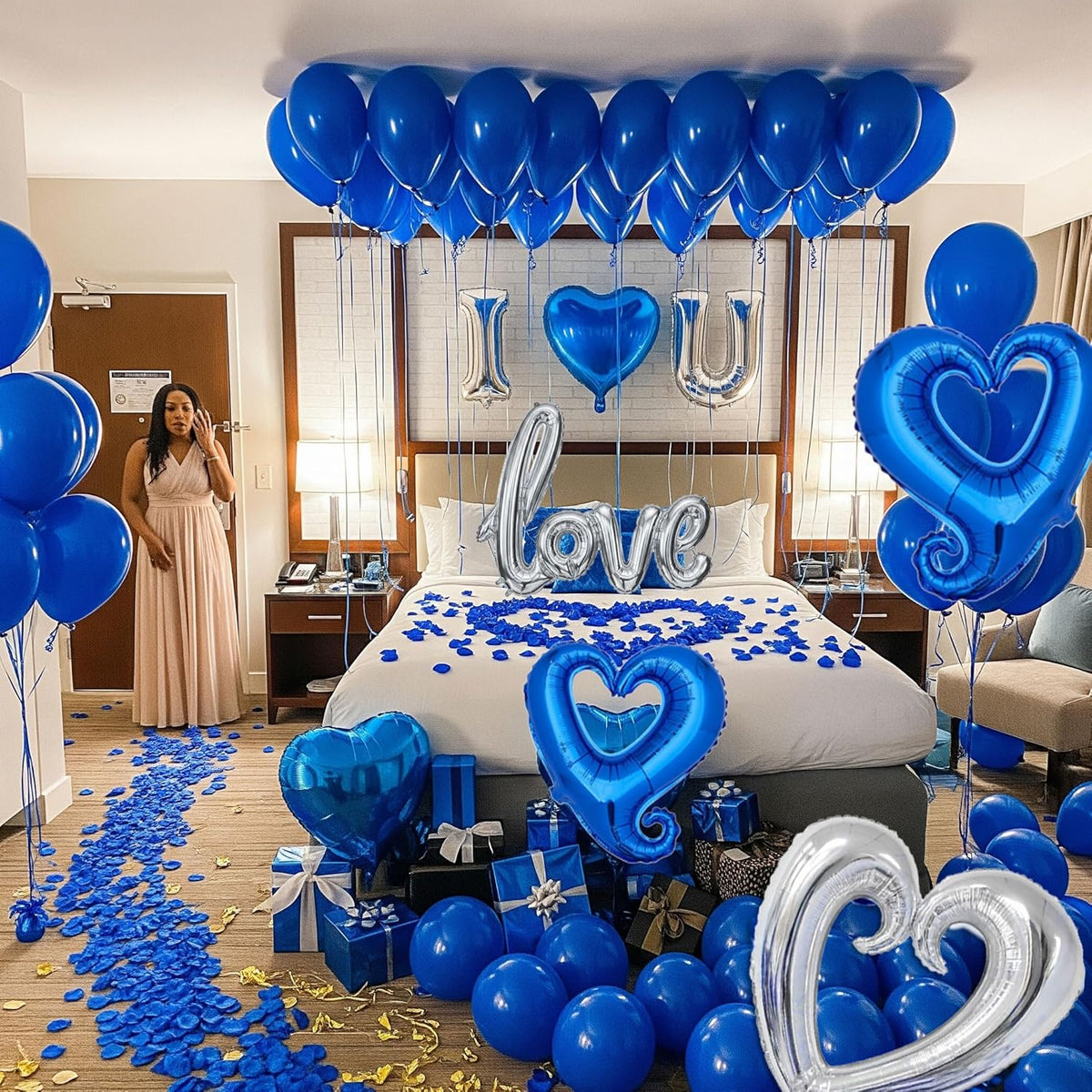 I Love You Balloons for Him/Her Balloons Royal Blue Sliver romantic balloon kit with blue heart