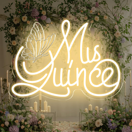 Mis Quince Neon Sign with Engraved Butterfly Design for Quinceanera Decor