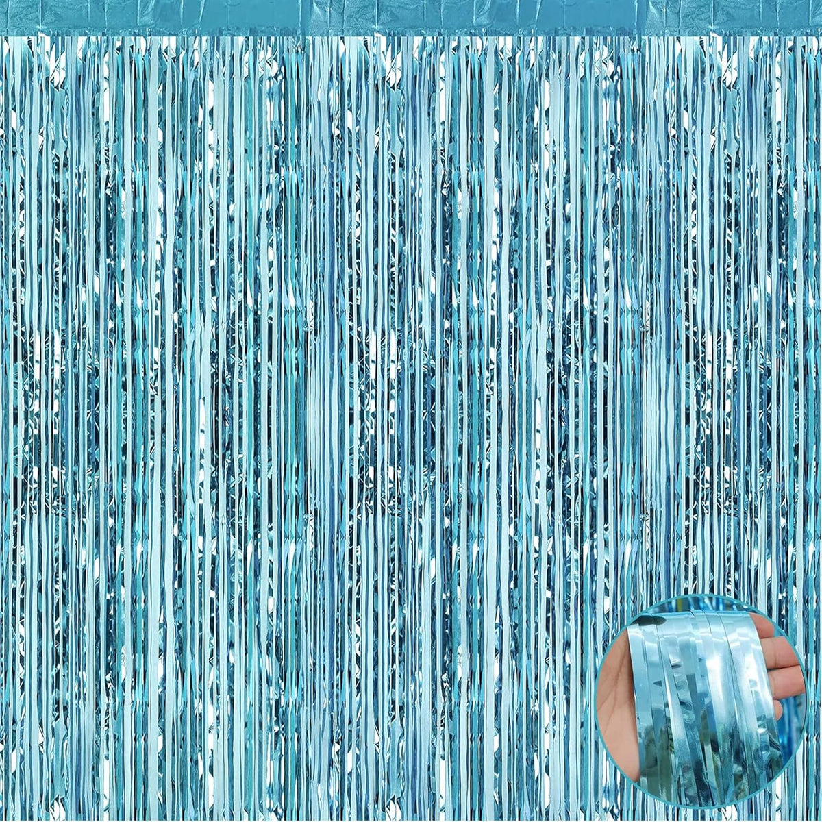 4 Pack Light Blue Foil Fringe Curtain Backdrop, 3.28Ft x 8.2Ft Metallic Tinsel Foil Fringe Streamer