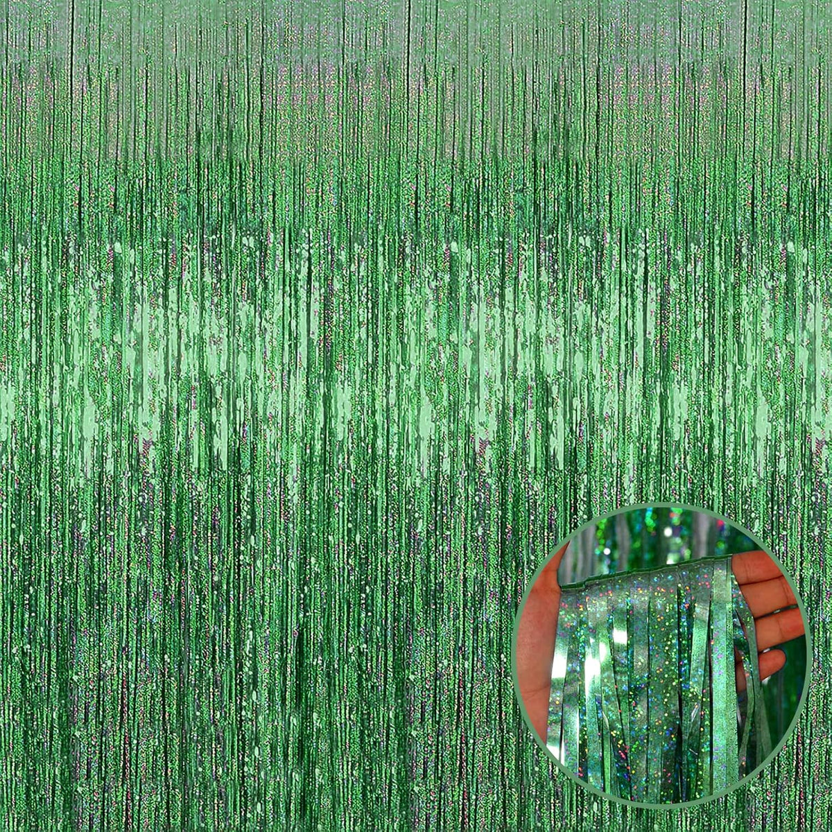 4 Pack Light Green Tinsel Foil Fringe Curtain Backdrop, 3.28Ft x 8.2Ft Metallic Streamers for Photo