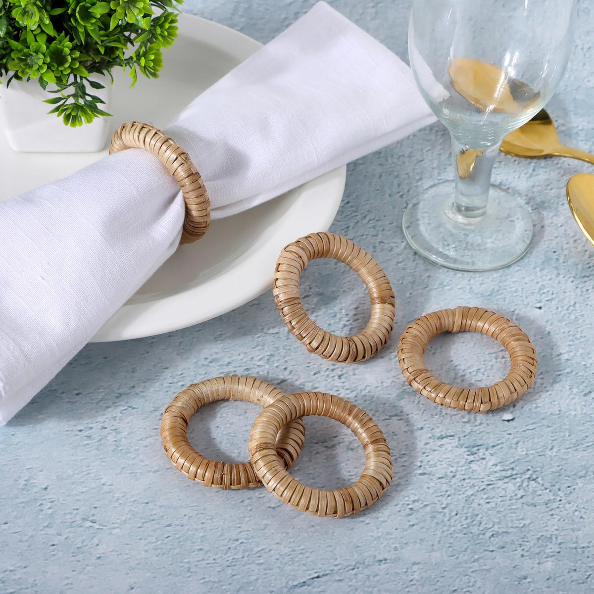 Woven Napkin Rings Set of 12 - Handmade Rattan Napkin Holders for Farmhouse Table Décor, Rustic