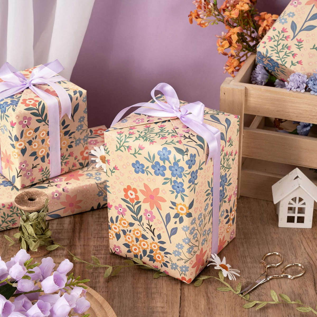 RUSPEPA Kraft Floral Wrapping Paper Roll for Girls Women, Mini Roll, Garden Flower Design
