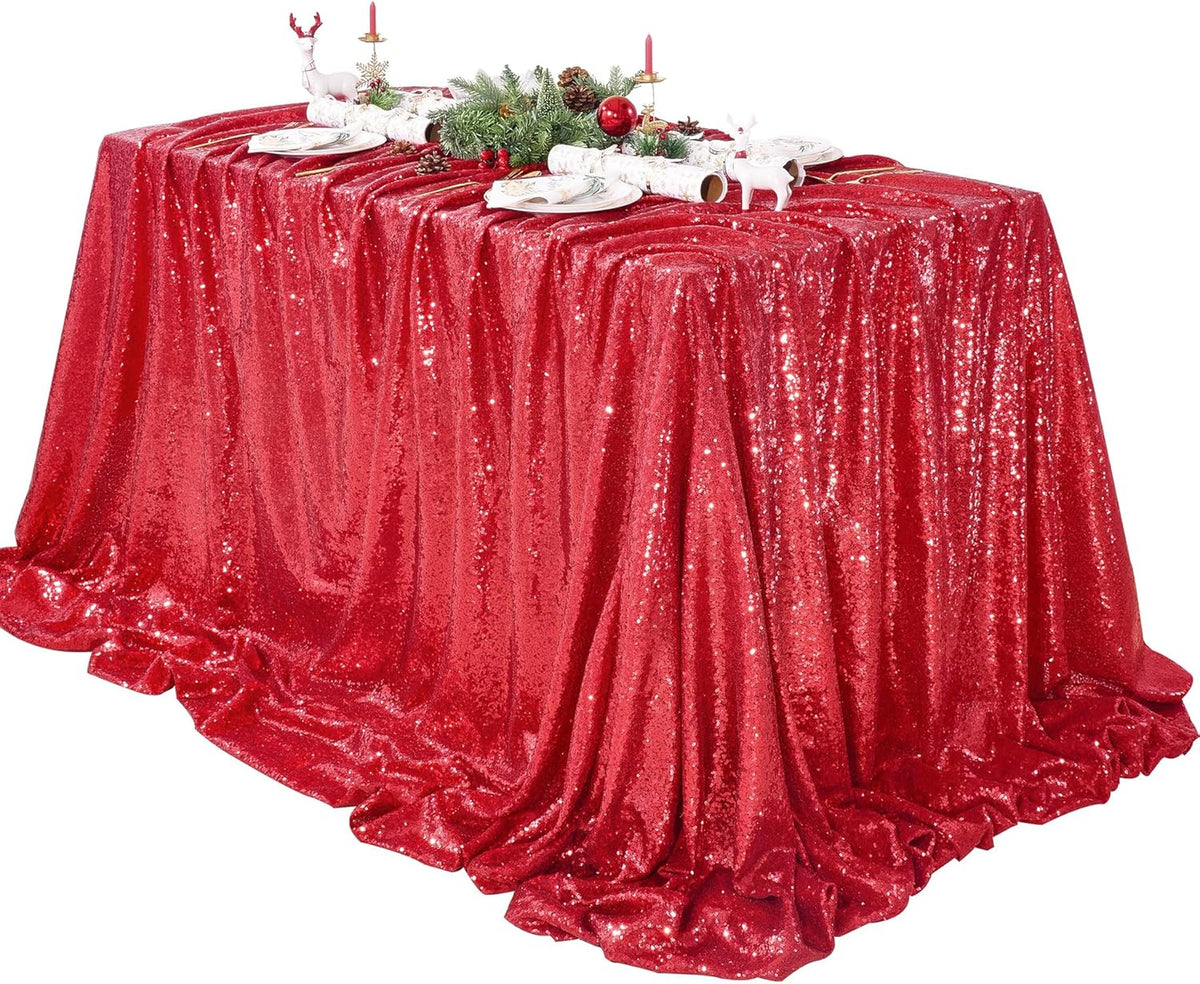 QueenDream Red Sequin Tablecloth 90x132 Inch Red Glitter Table Cloth for Birthday Bridal Shower