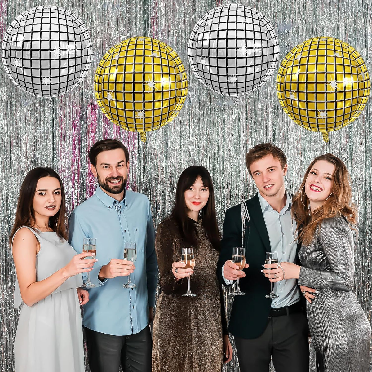 Disco Ball Balloons Gold Silver 4PC,Foil Disco Balloons 22 Inch 4D Round Metallic Gold Silver