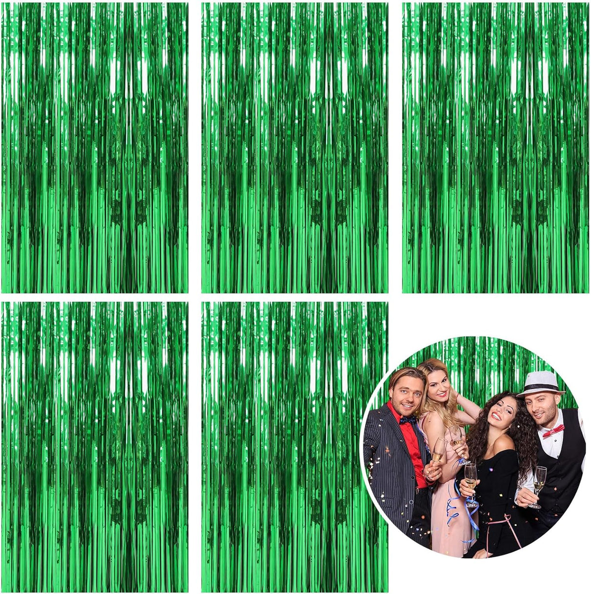 5 Pack Foil Curtain Backdrop Green Metallic Tinsel Foil Fringe Curtains Photo Booth Props for
