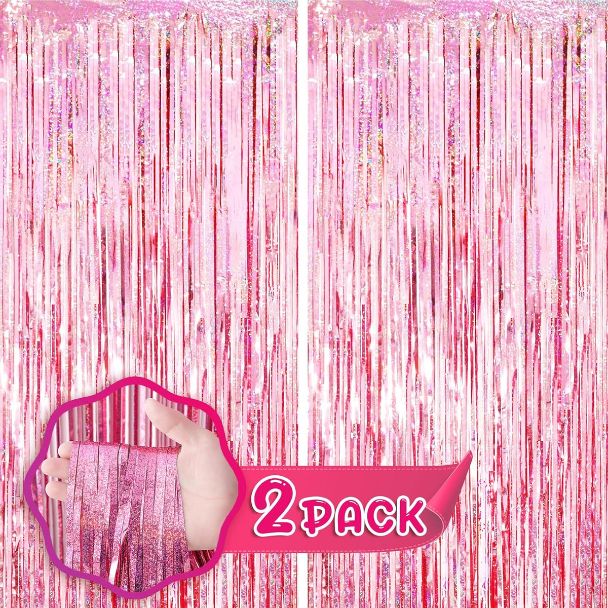 2 Pack 3.3x8.2 Feet Laser Pink Foil Fringe Backdrop Curtains, Tinsel Streamers Birthday Party