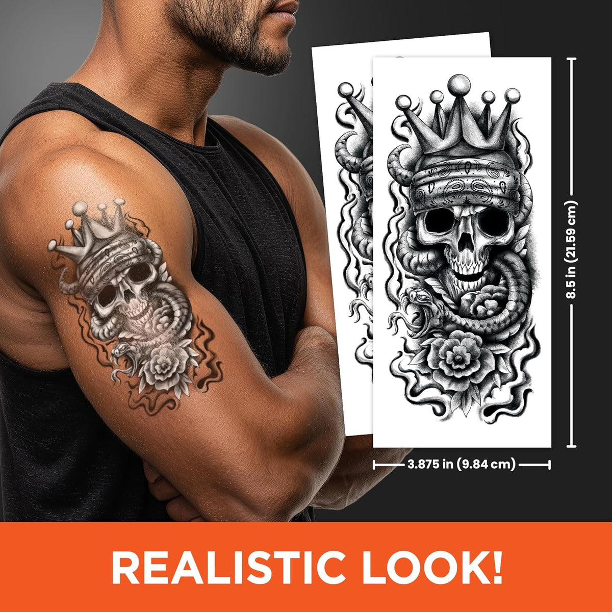 Skull Temporary Tattoo Sleeves – Realistic Full Arm Fake Tattoos for Men & Women, Slip-On Sleeve