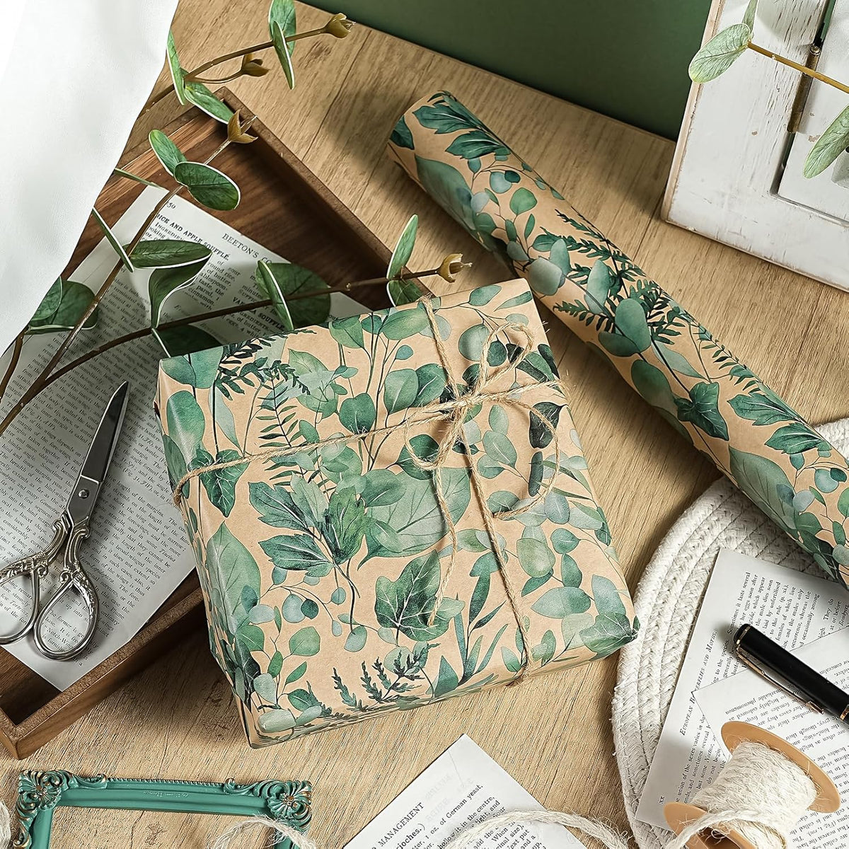 WRAPAHOLIC Kraft Eucalyptus Leaves Wrapping Paper Roll - Mini Roll - 17 Inch x 16.5 Feet - Greenery